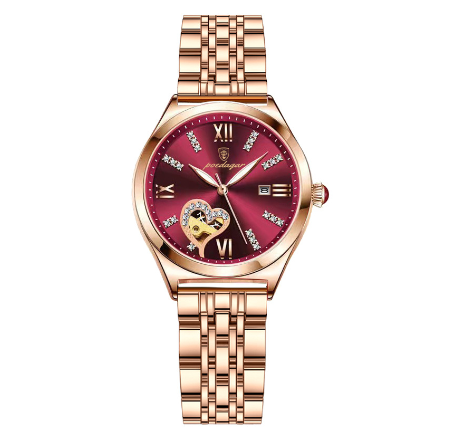 POEDAGAR watch for woman korean style waterproof original elegant stainless steel diamond heart dial calendar luminous watch RED