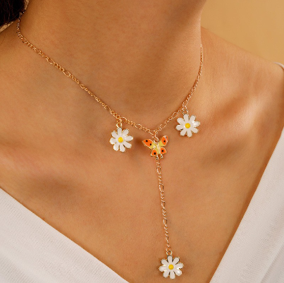 Butterfly Pearl Choker Daisy Flower Pendant Crystal Chain Multi Layer Necklace
