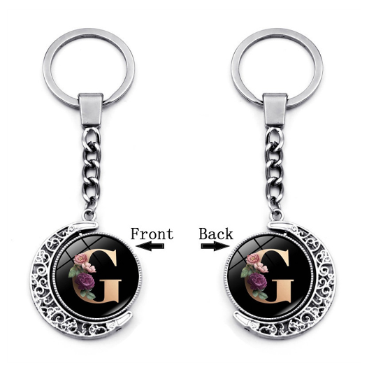 1PC Exquisite 26 Letter Glass Keychains Double Sides Moon Flower A-Z Initials Keyrings Handbag Charms Ornaments Gifts G