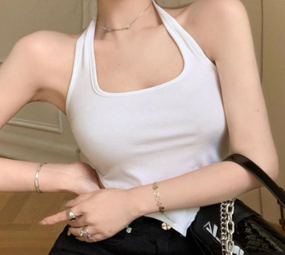 Casual Plain Casual Hurdleneck Halter Sleeveless Tops for Women (black/white)