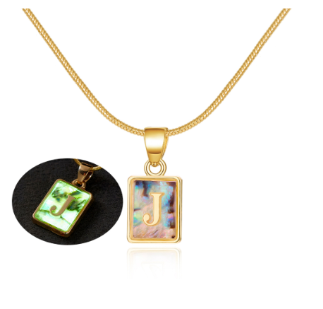 18K Gold 26 Letter Square Colorful Nightlight Pendant Snake Bone Chain Necklace English Letter Pendant Necklace J