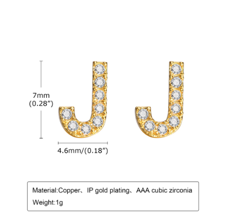Vnox Gold Zircon Cubic Letter Stud Earrings,Initial Alphabet Small Hypoallergenic Earring One Pair J