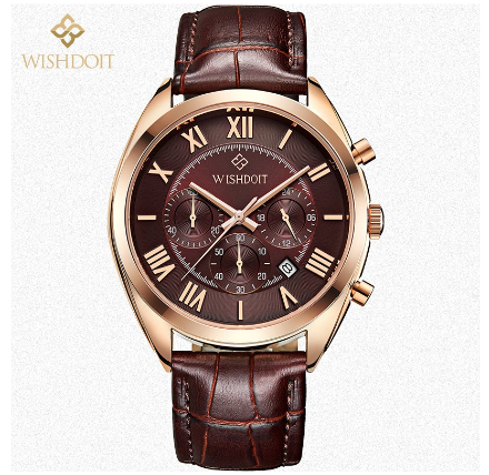 WISHDOIT Watch For Men Original Waterproof Leather Strap Business Quartz Fashion Luminous Wristwatch BROWN 2