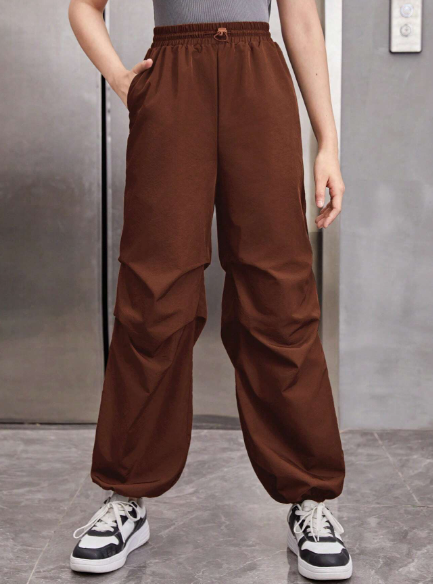 SHEIN Teen Girl Solid Color Pleated Elastic Waist Casual Jogger Pants