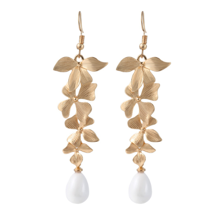 Long Orchid Flower Pearl Drop Earring