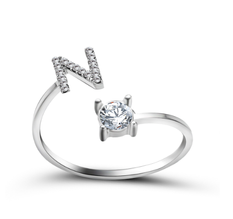 Silver A-Z Letters Ring for Women Cubic Zirconia Initial Letter Ring Fashion Jewelry Gift Adjustable N
