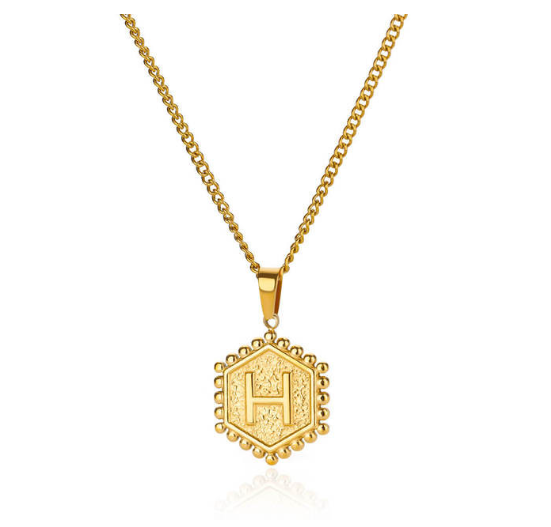 Fashion Hexagon A-Z Letter Necklaces For Women Stainless Steel Initial Hexagon Pendant Necklace H