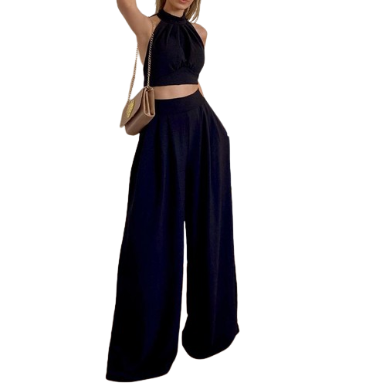 Lovito Women Lace Up Pleated Pants Set LNE31013 (Khaki/Black)