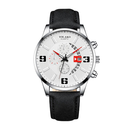 YOLAKO Stainless Steel Men's Quartz Sport Waterproof Watch Men Relo Watch LEATHER SILVER WHITE