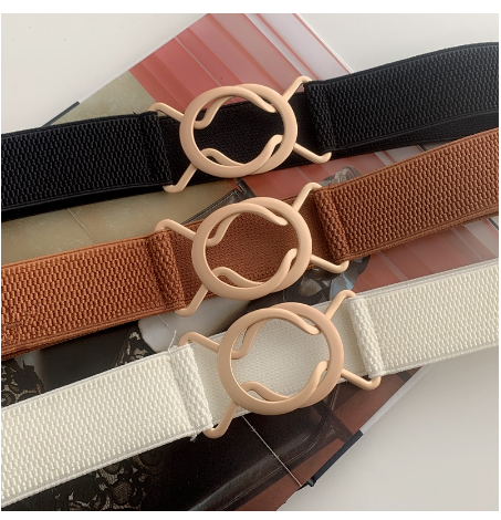 Women Solid Color Elastic Waist Belt Gold Round Buckle Belts Fashion Waistband for Dress Coat