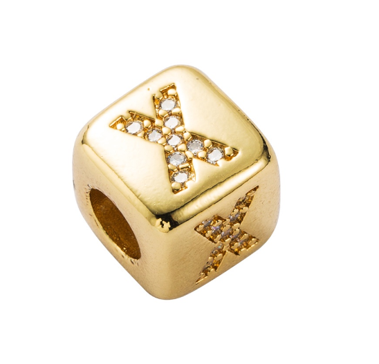 Gold Rhinestone Letters Cube Charm for Bracelet Necklace A-Z Alphabet Dice Beads X