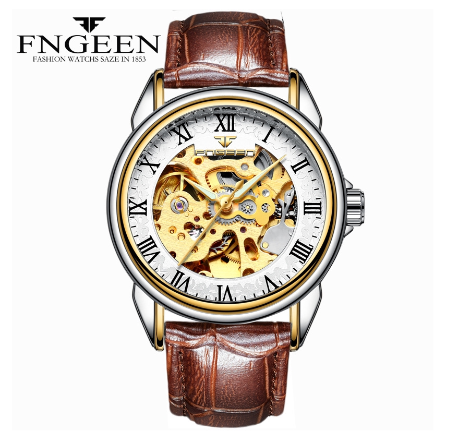 FNGEEN 8866 Men's Automatic Mechanical Watch SILVER GOLD WHITE