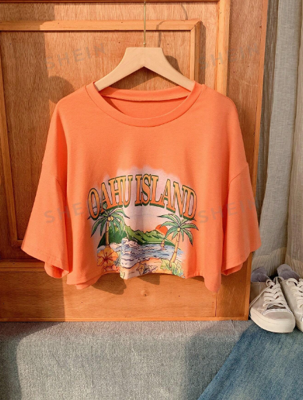 SHEIN EZwear Plus Tropical & Letter Graphic Drop Shoulder Tee