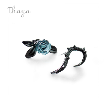 Thaya 925 Sterling Silver Thorns Blue Rose Black Stud Earrings Fine Jewelry