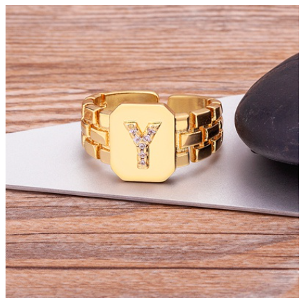 New Arrival Fashion Gold Color Initial Ring Open Design Adjustable Hot Sale A-Z Letters Zircon Rings For Women Y