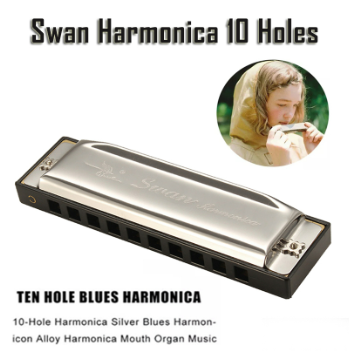 Silver Metal Swan Harmonica 10Holes Key of C for Blues Rock Jazz Folk Professional Beginner Teaching