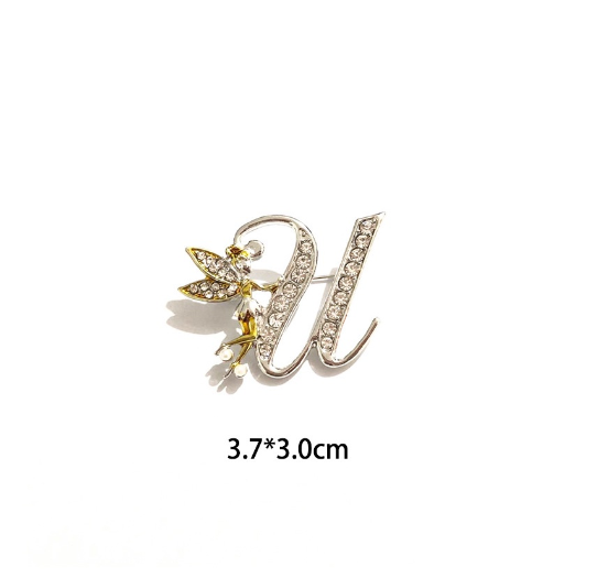 Luxury Crystal Angel Letter Brooch Women Men Rhinestones A To Z Elf Initials Collar Pins Party Gifts Jewelry U
