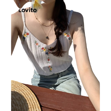 Lovito Women Casual Plain Embroidery Tank Top LNE30120 (White)