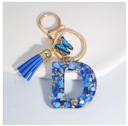 Fashion Butterfly 26 Initials Keychain Exquisite Blue Stone Filled Letter Keyrings Exquisite Alphabet Pendant Bag Ornament Gifts D
