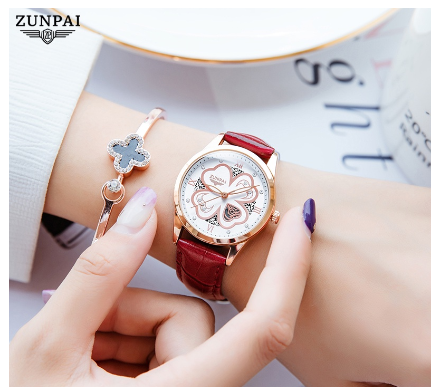 ZUNPAI Watch For Woman Original Waterproof Leather Strap Fashion Trend Elegant Girls Women Watches Quartz Analog Ladies Watch RED