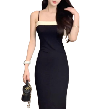 Lovito Casual Plain Colorblock Sleeveless Bodycon Midi Dress for Women LNE09217 (Black)