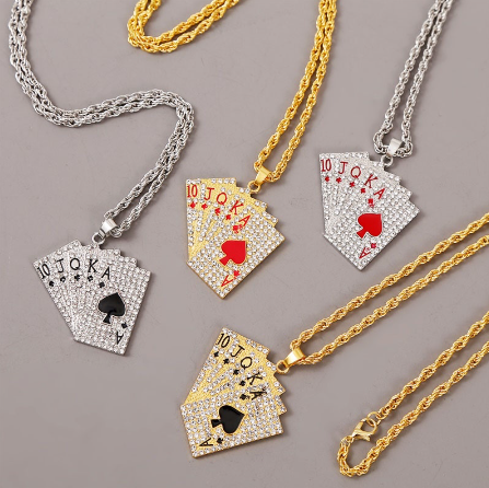 Hip Hop Jewelry Women's Men's Rhinestone Inlaid Poker Pendant Necklace Fashion Necklace Jewelry