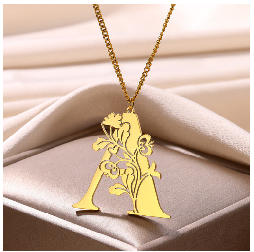 Beauty Flower A-Z Letter Necklaces for Women Men Stainless Steels Flower Initial Pendant Necklace A