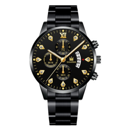 Men's Watch Men's Three Eyes Business Quartz Analog Stainless Steel Watch BLACK GOLD