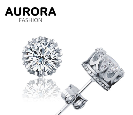 AURORA Korea Unisex Silver Crown Diamond Stud Earrings Jewelry ED17