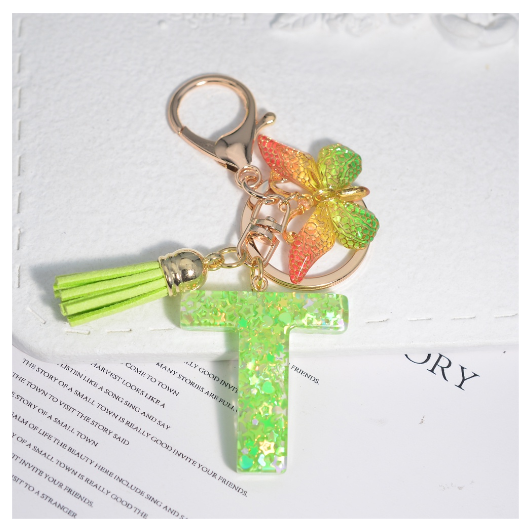 Glitter Green 26 Letter Resin Keychain Fashion Sequin Filled A-Z Alphabet Keyrings For Women Car Key Holder Accessories Souvenir T