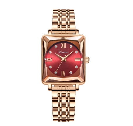 SENO Luxury Watch For Women Casual Alloy Waterproof Wristwatches Stainless Steel Diamond Fashion Ladies Square Watch GOLD RED