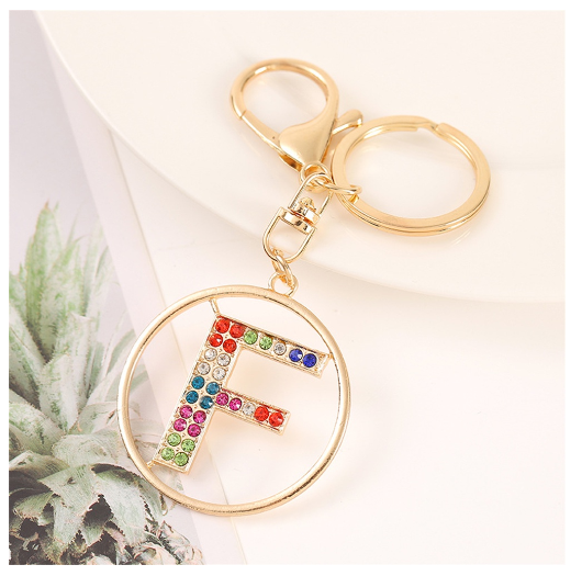 Colorful Rhinestone A-Z Letter Keychain Hollow Round Initials Alloy Keyring Bag Pendant Ornament DIY Accessories Charms Gift F