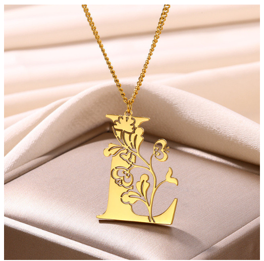 Beauty Flower A-Z Letter Necklaces for Women Men Stainless Steels Flower Initial Pendant Necklace L