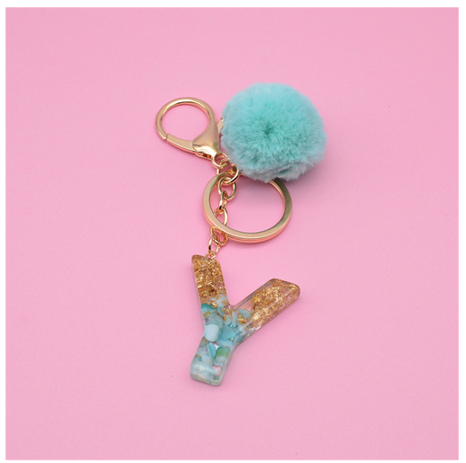 Cute Keyring Green Pompom Fur Ball 26 Letter Keychain Resin Key Chains Handbag Charms For Woman Ornaments Accessories Gift Y