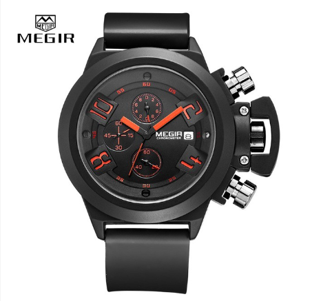 MEGIR 3D Engraved Dial Men's Sports Quartz Watches  MN2002 Black Silicone Waterproof Chronograph M2