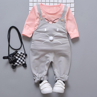 Ready Stock Terno Kids Girls Top+Bib Pants Set Clothing Long Sleeve Overalls Baby Clothes Casual Suit