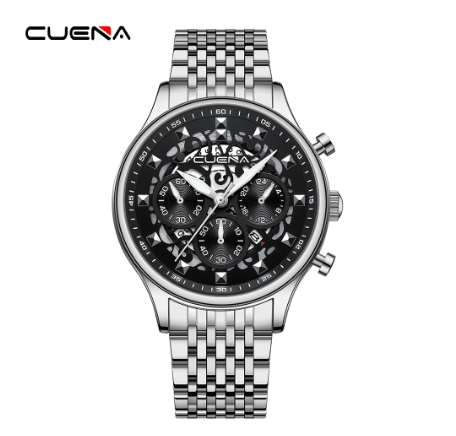 CUENA Original Brand New Men's Watches Mechanical Unique Style Creative Design Dial Stainless Steel Fashion Casual Business Sport Watch SILVER BLACK