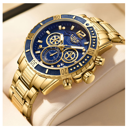 LIGE Watch Men Fashion Casual Sport Waterproof Luminous Full calendar Chronograph Watches for Men Stainless Steel Business Watch GOLD BLUE