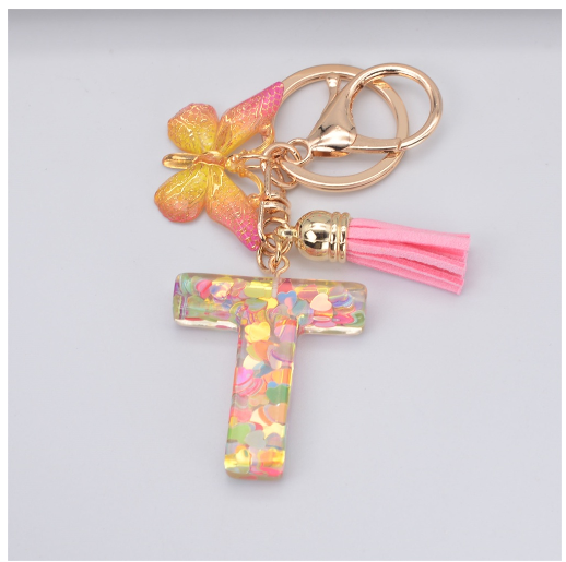 Exquisite 26 Letter Resin Keychain with Pink Tassel Gradient Butterfly Pendant Key Ring Women Bag Ornaments Accessories T
