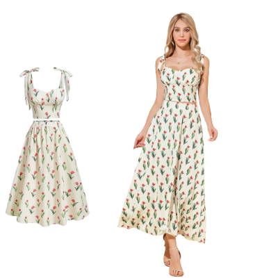 Lovito Women Boho Floral Structure Line Lace Up Skirt Sets LBL06020 (Off White)