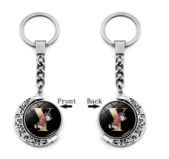 1PC Exquisite 26 Letter Glass Keychains Double Sides Moon Flower A-Z Initials Keyrings Handbag Charms Ornaments Gifts Y