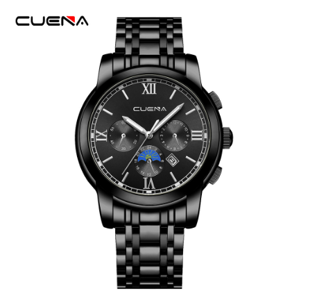 CUENA Men's Watches Original Brand Stainless Steel Waterproof Quartz Analog Business Sports 6052 BLACK