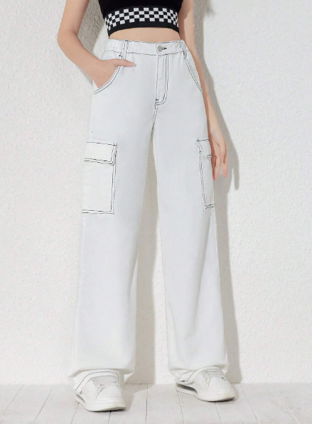 New Arrival Teen Girls' Casual & Fashionable Utility Style Straight Leg Jeans, Washed