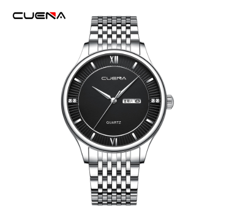Original CUENA Men's Watches Fashion Brand Simple Retro Dial Stainless Steel Quartz Analog Waterproof  Watch SILVER BLACK