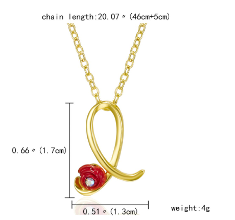 Fashion 26 Letter Necklace Ladies Red Rose Flower Clavicle Pendant Necklace Rhinestone Retro English Letter Necklace I