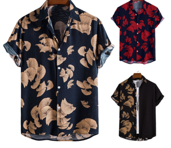 Men's Summer Black & Gold Trend Short-sleeved Allover Printed Floral Shirt Plus Size Loose Rayon Soft Lapel Button Up Polo Shirts