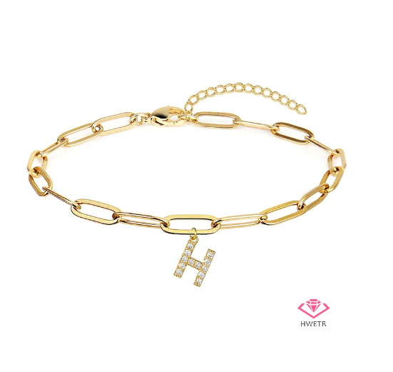 Hwetr Fashion 26 A-Z Initial Bracelet For Women Classic Zircon Letter Pendant Paper Clip Chain Bracelet Jewelry Accessories Gift H