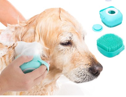 Dog Cat Brush Pet Grooming Soothe Massage-Brush with Shampoo Dispenser Soft Silicone Bristle