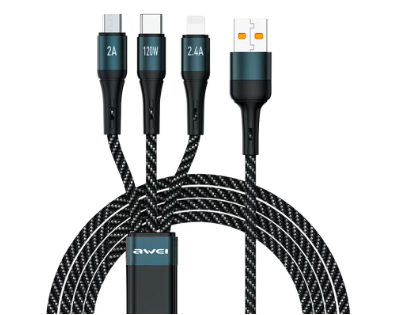 Awei CL-972 1.2m 3 in 1 Multi Fast Charger Cable Light-ning, Micro USB, and Type-C 120W
