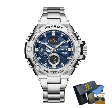 LIGE Original Digital Quartz Watch Men Fashion Stainless Steel Anti-Rust Band LCD Waterproof Sport Chronograph Wristwatches SILVER BLUE